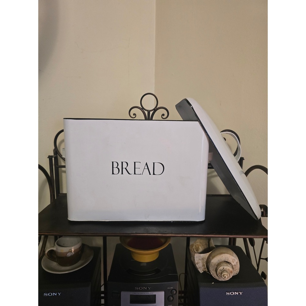 Vintage Farmhouse White Enamel Bread Box Metal Storage Bin with Lid and Handles - Picture 6 of 8